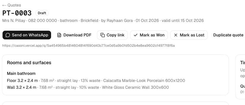 A saved quote, PT-0003, with buttons to send it on WhatsApp, download a PDF, copy the link, and mark it won or lost.